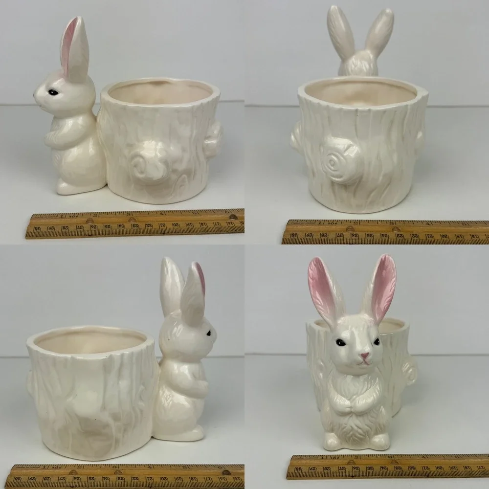 Vtg White Ceramic Porcelain Bunny Rabbit‎ Planter Tree Design Tabletop Glazed